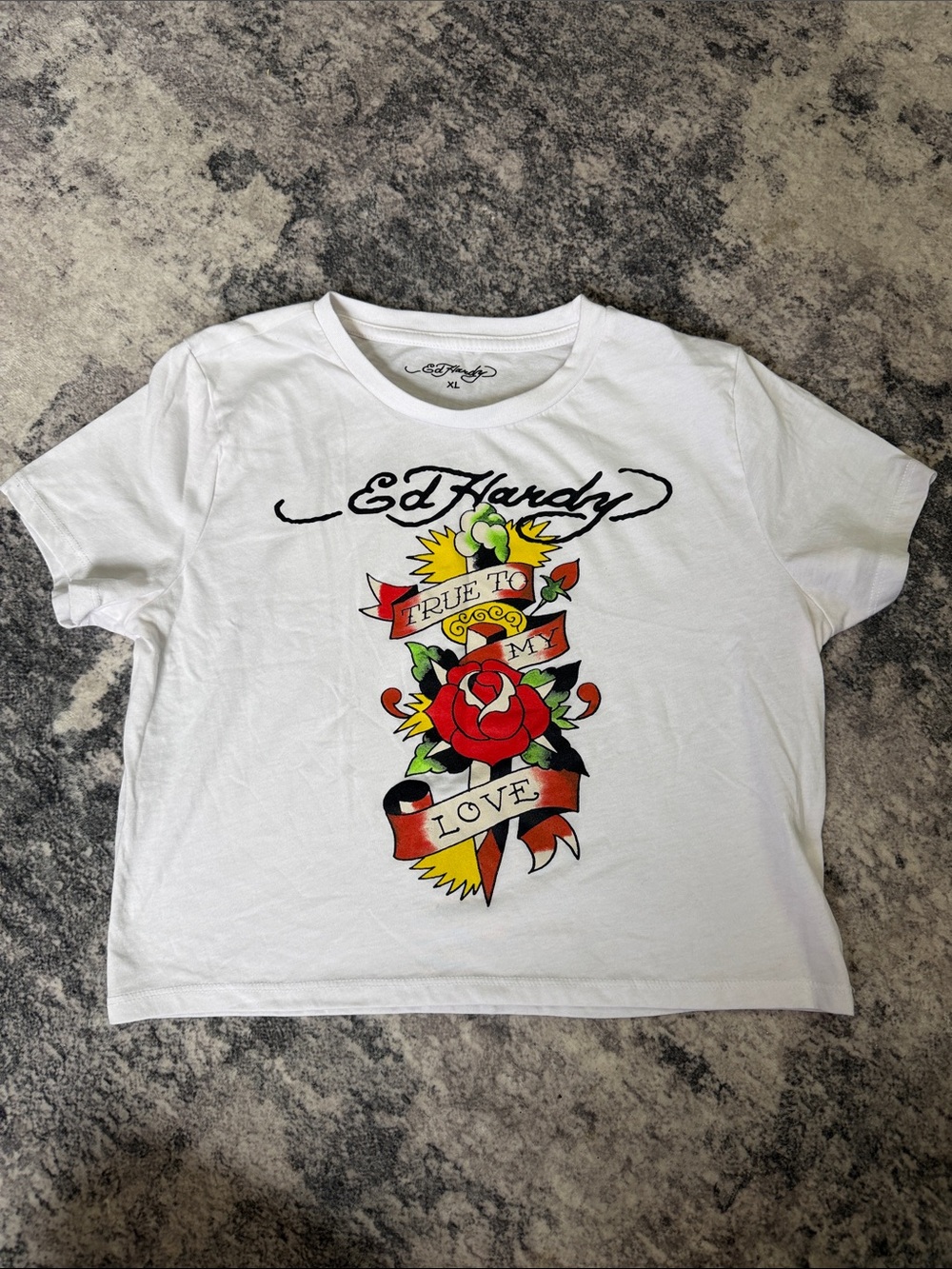 Ed Hardy White Kids Tee with Red Rose Tattoo Graphic